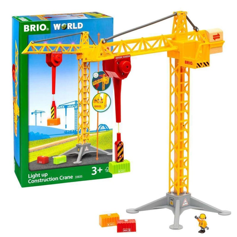 BRIO 33835 Construction Crane with Lights | Premium Wooden Toy Train Set | Ideal for Kids Age 3 and Up | Built with Sustainable Materials | Yellow - Image 1